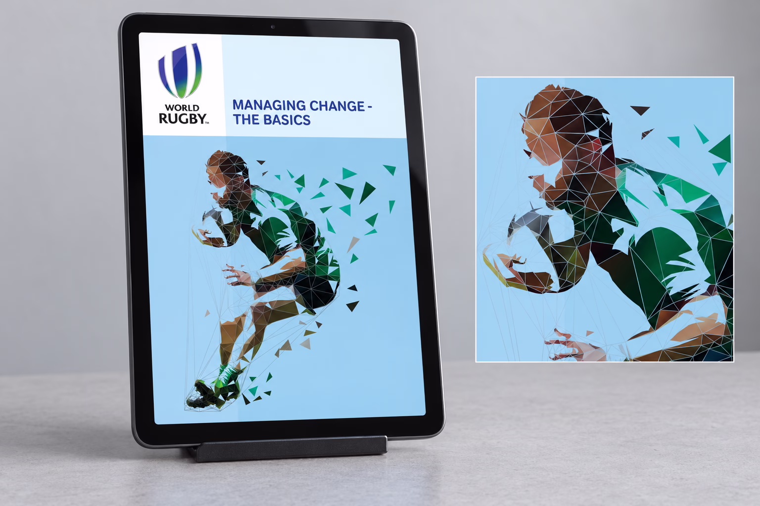 Rugbyová ilustrace na stránce dokumentu organizace World Rugby, zobrazená na tabletu