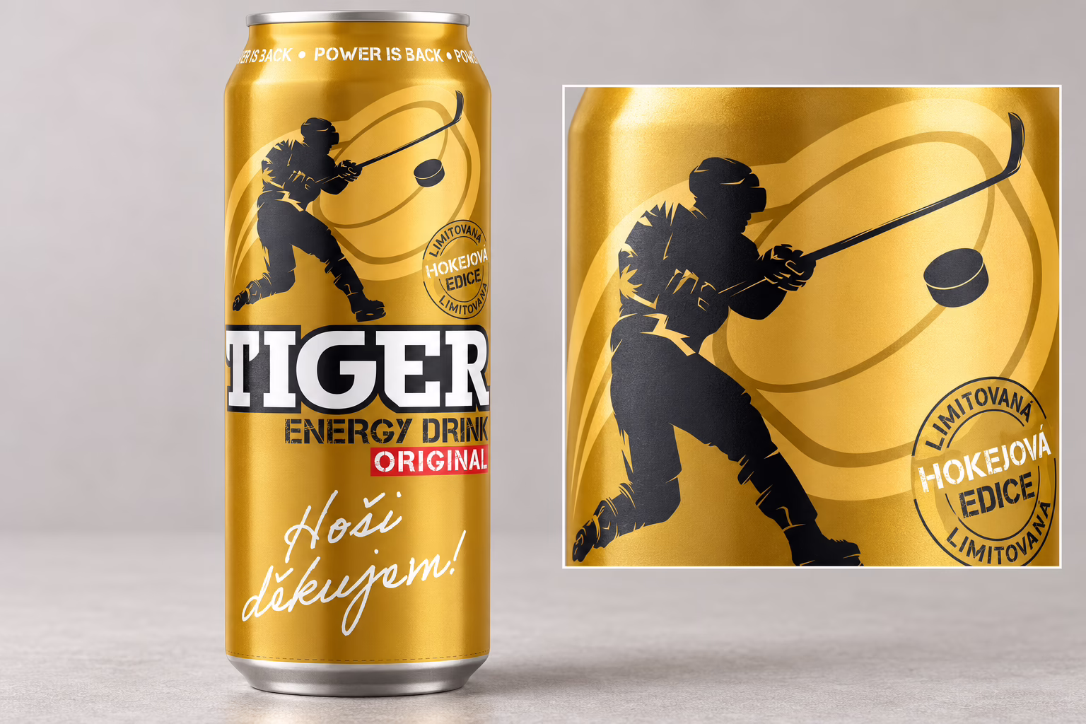 Plechovky nápoje Tiger se sportovním grafickým motivem